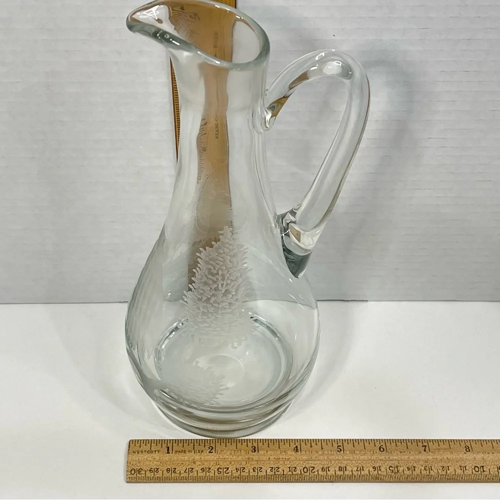 Etched Clear Glass Long Neck Bar Carafe 11” Owl Tree Branch Elegant Barware
